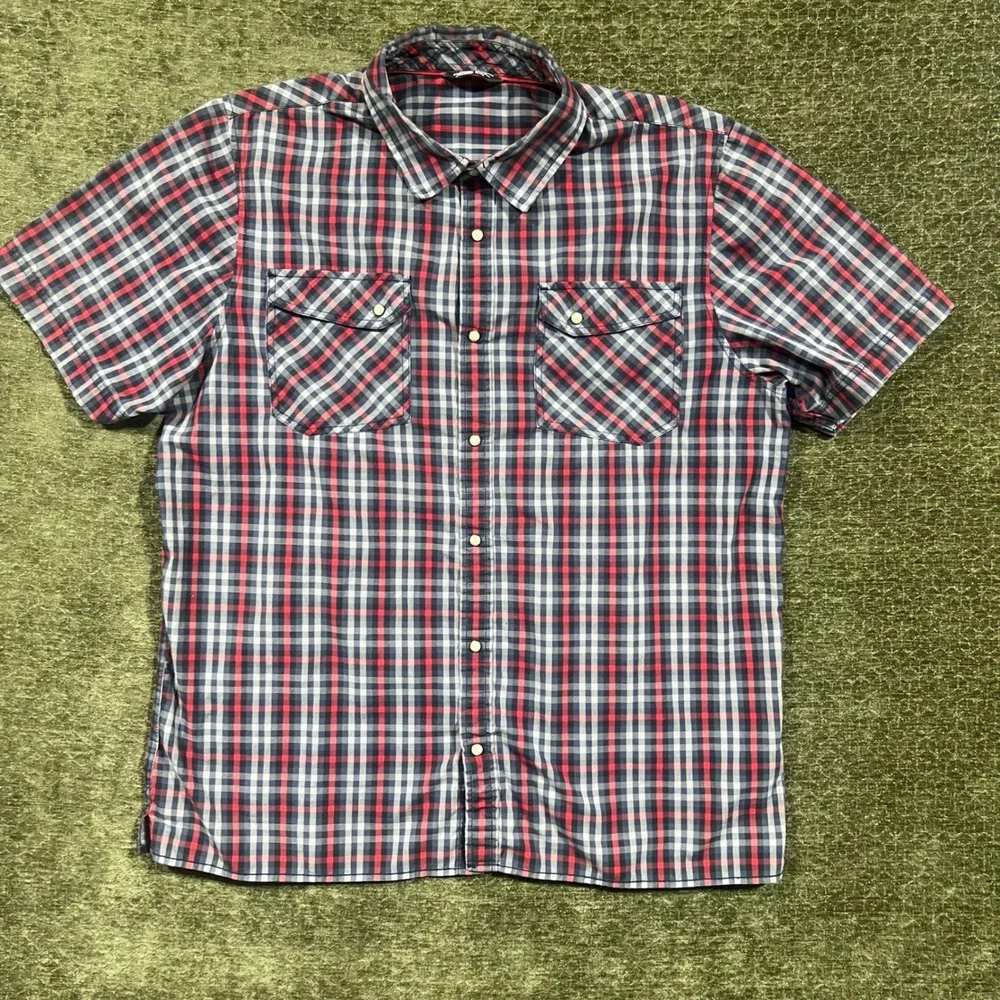 The North Face Button Down Shirt Mens XL Red Plaid Short Sleeve Pearl Snap